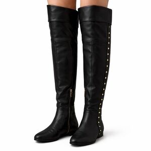 Authentic Versace Over-the-Knee Leather Boots with Gold Studs